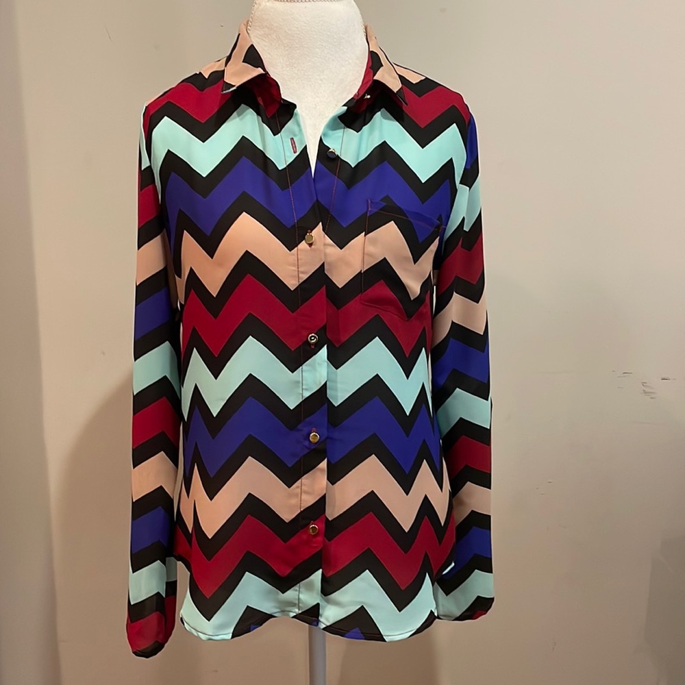 Charlotte Russe Blouse for Women, Long Sleeve Button Down Shirt, Large, Colorful
